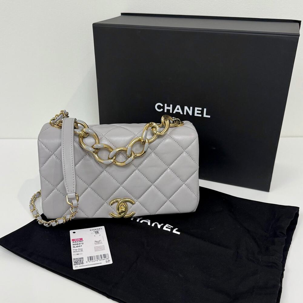 CHANEL Grey Medium Lambskin Quilted Color Match Flap Shoulder Bag Gold CC Logo